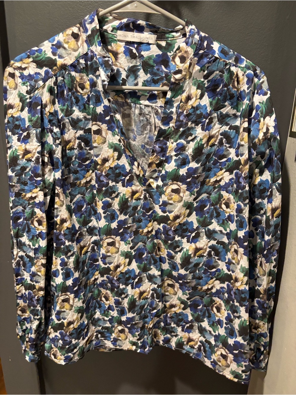 Mona Thalheimer Floral Split-Neck Blouse in Blue, White & Green